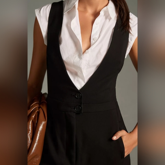 Anthropologie Maeve V-Neck Pinafore Wide-Leg Jumpsuit Black Size 10 - Picture 3 of 7